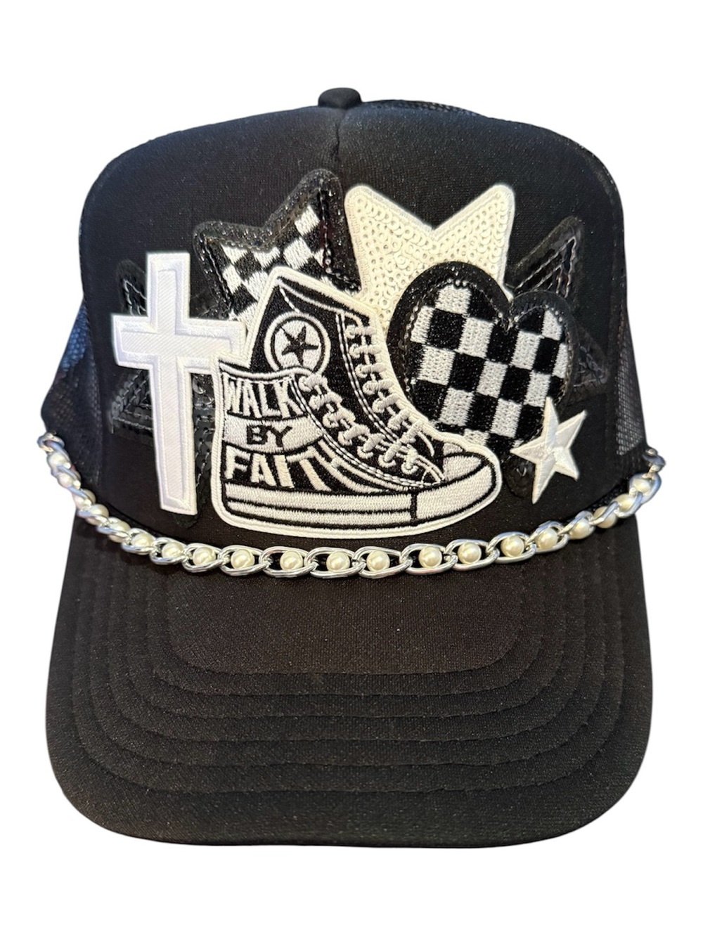 OTTO Black Trucker Hat with White and black Patches with Silver Pearl Chain